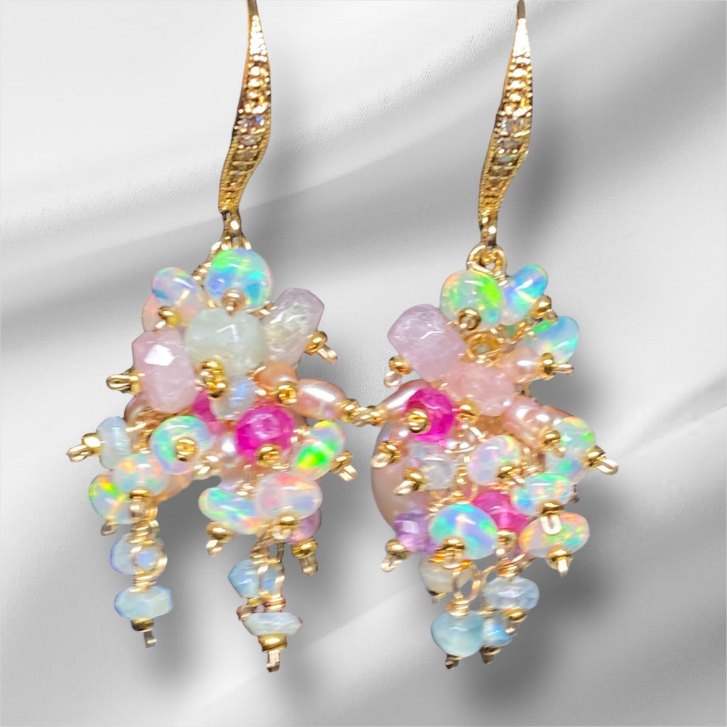 Pink Edison Pearl Opal Tourmaline Cluster Wedding Earrings Gold Fill - Bridal Jewelry - Doolittle