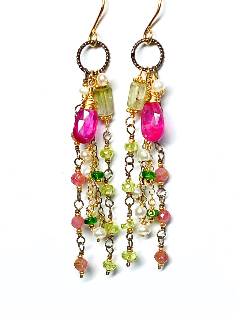 Pink Sapphire, Peridot and Tourmaline Gemstone Long Dangle Earrings