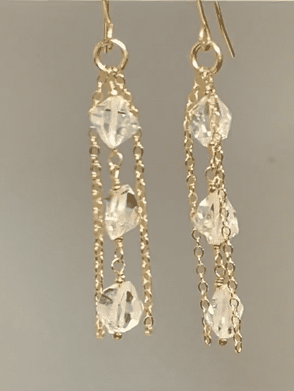 Herkimer Diamond Crystal Quartz Long Gold Fill Dangle Earrings
