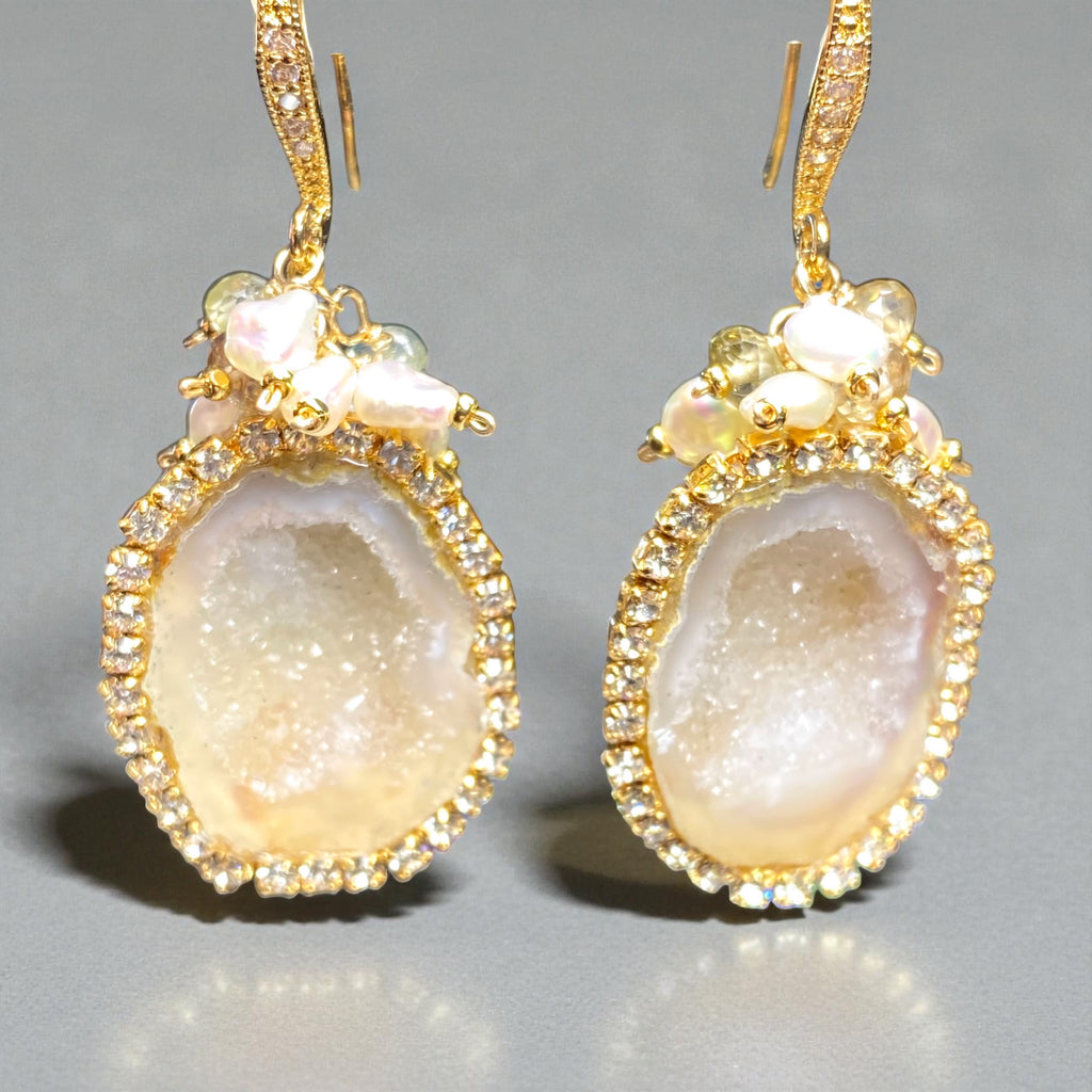 Ivory Tabasco Geode Earrings with Keishi Pearl and Natural Zircon Gem Clusters