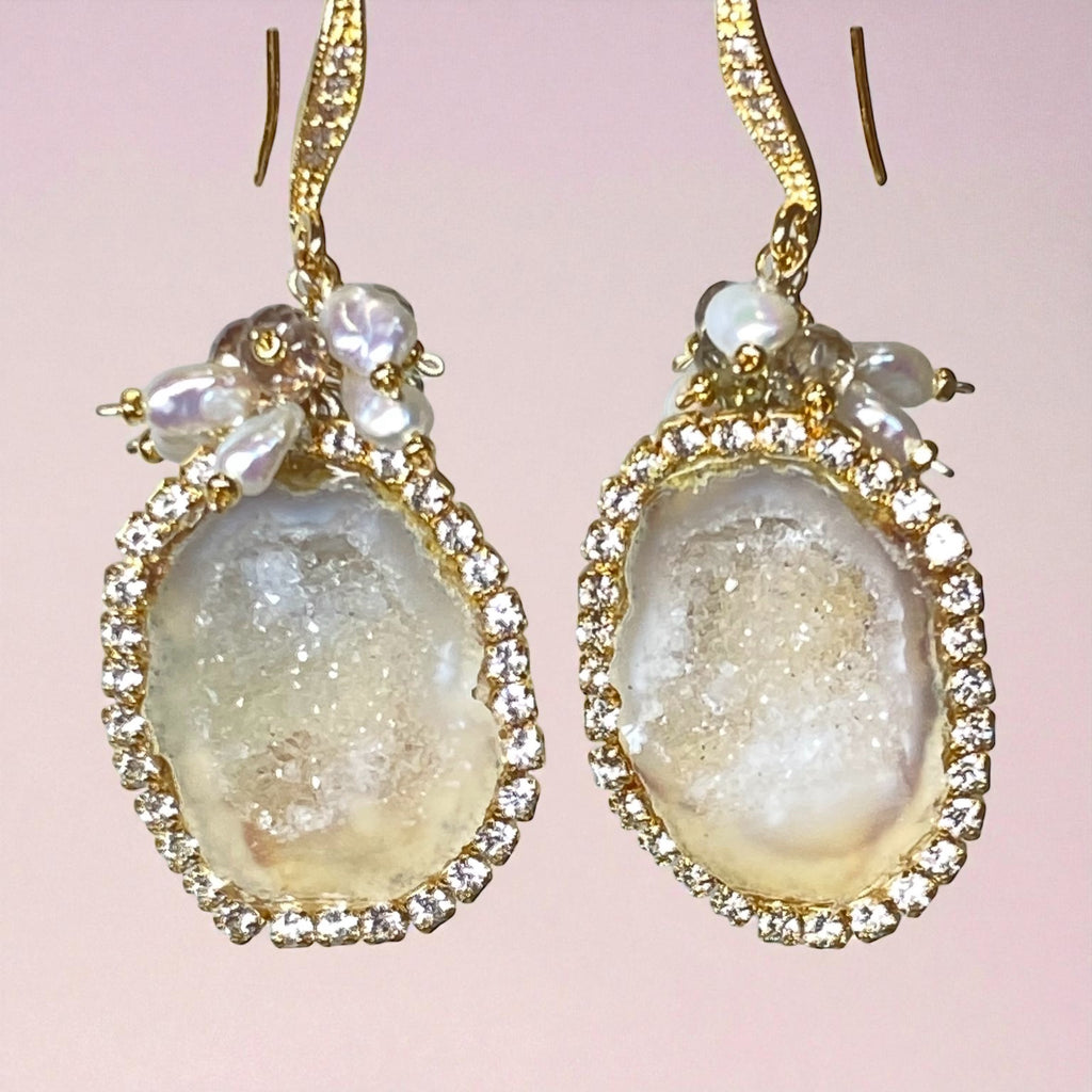 Ivory Tabasco Geode Earrings with Keishi Pearl and Natural Zircon Gem Clusters