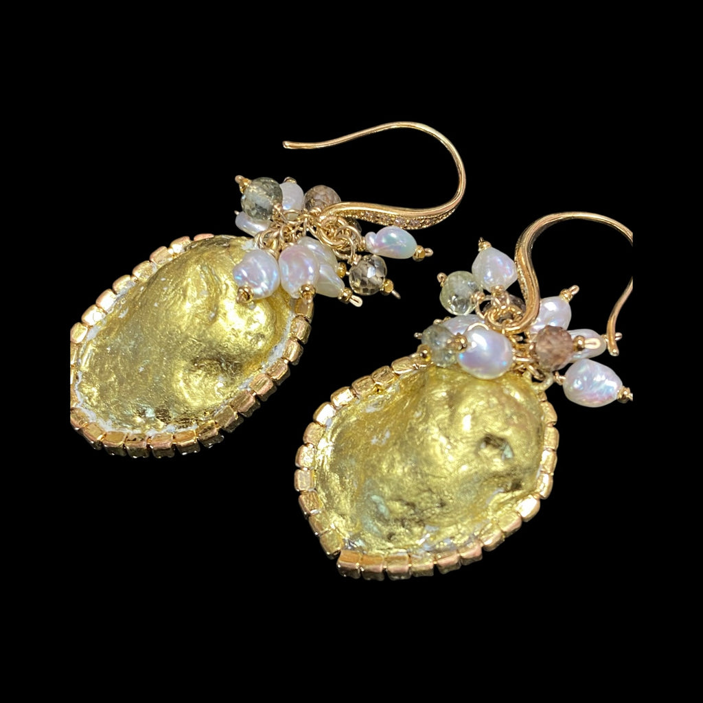 Ivory Tabasco Geode Earrings with Keishi Pearl and Natural Zircon Gem Clusters