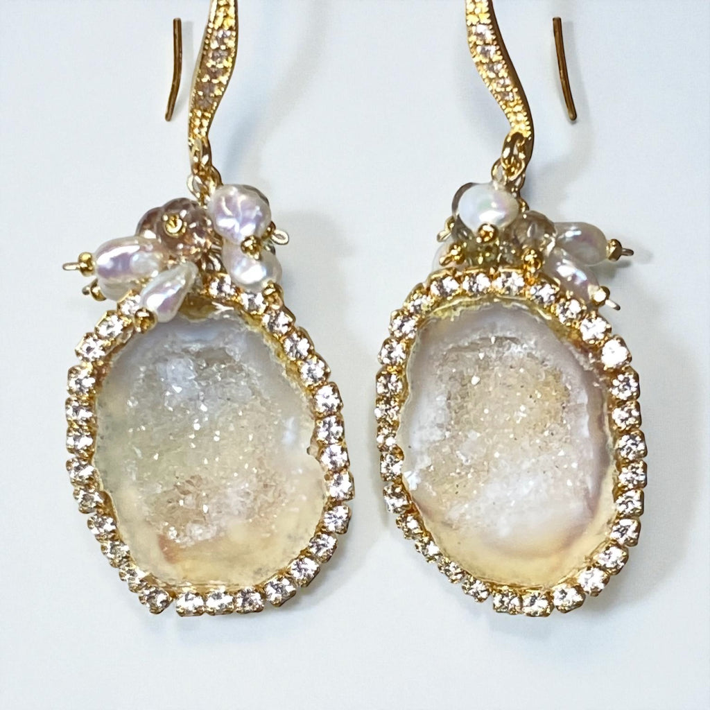 Ivory Tabasco Geode Earrings with Keishi Pearl and Natural Zircon Gem Clusters