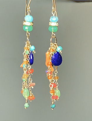 Blue Lapis Dangle Earrings Boho Style with Coral, Chrysoprase, Turquoise, Carnelian Gold Fill