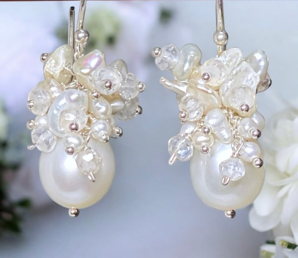 Baroque Pearl Bridal Cluster Earrings Sterling Silver