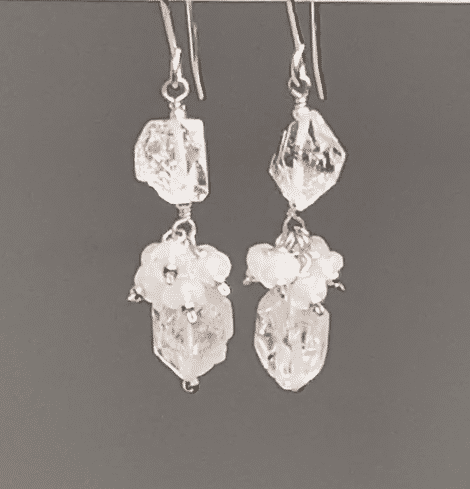 Herkimer Diamond Crystal Quartz, Moonstone and Sterling Silver Dangle Earrings