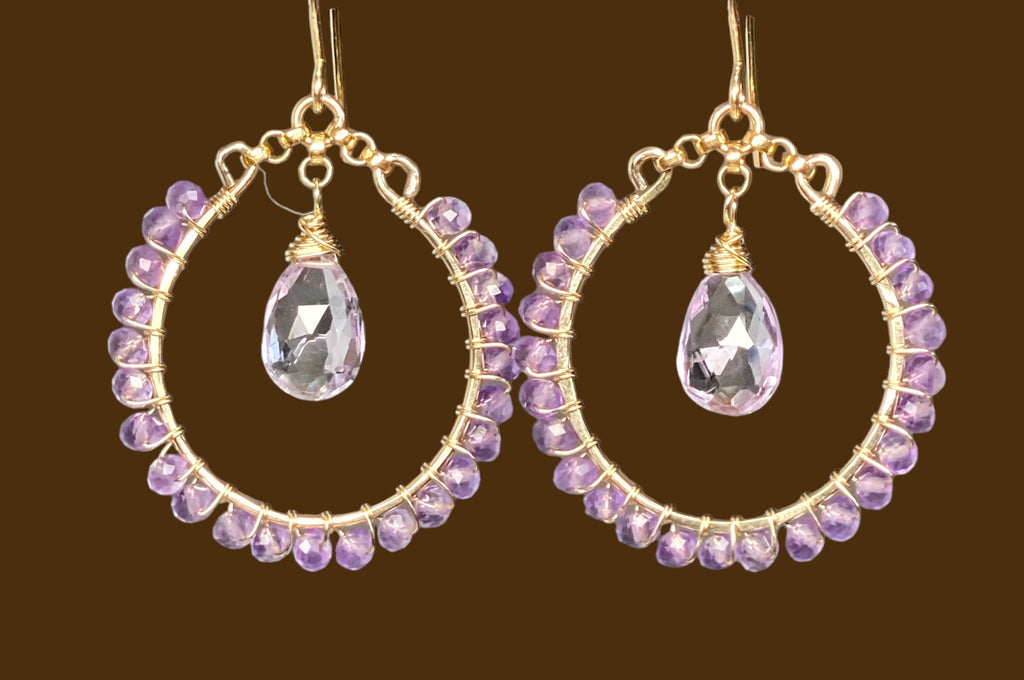 Lavender Pink Amethyst Chandelier Hoop Earrings, Gold Fill