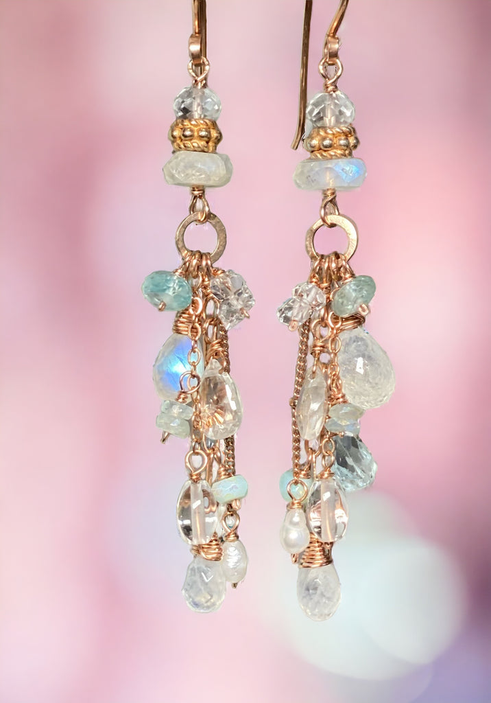 Rose Gold Rainbow Moonstone and Blue Gem Dangle Earrings
