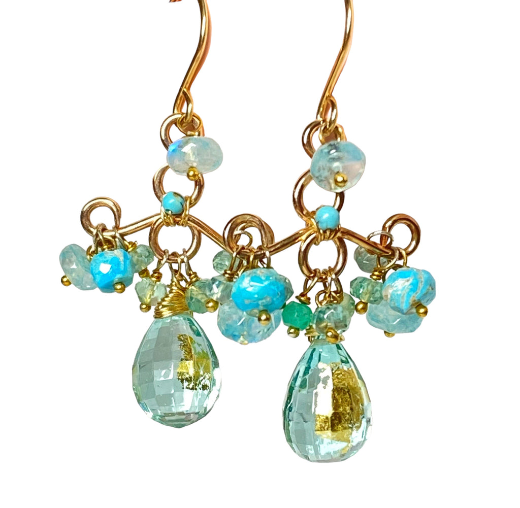 Aqua and Turquoise Chandelier Earrings Gold Fill Handmade