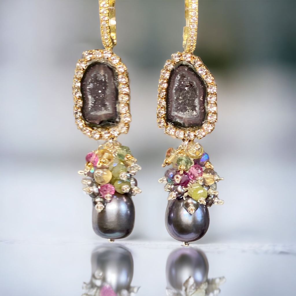 Tabasco Geode Earrings with Peacock Pearls and Gemstone Clusters