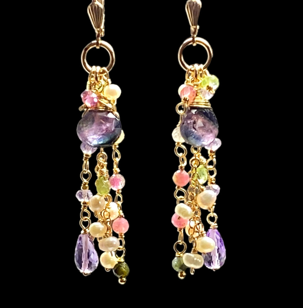 Plum Purple Tourmaline Pastel Gemstone Long Dangle Earrings 2