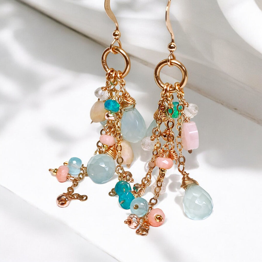 Rose Gold Fill Long Dangle Earrings with Aqua Chalcedony and Pink Opal