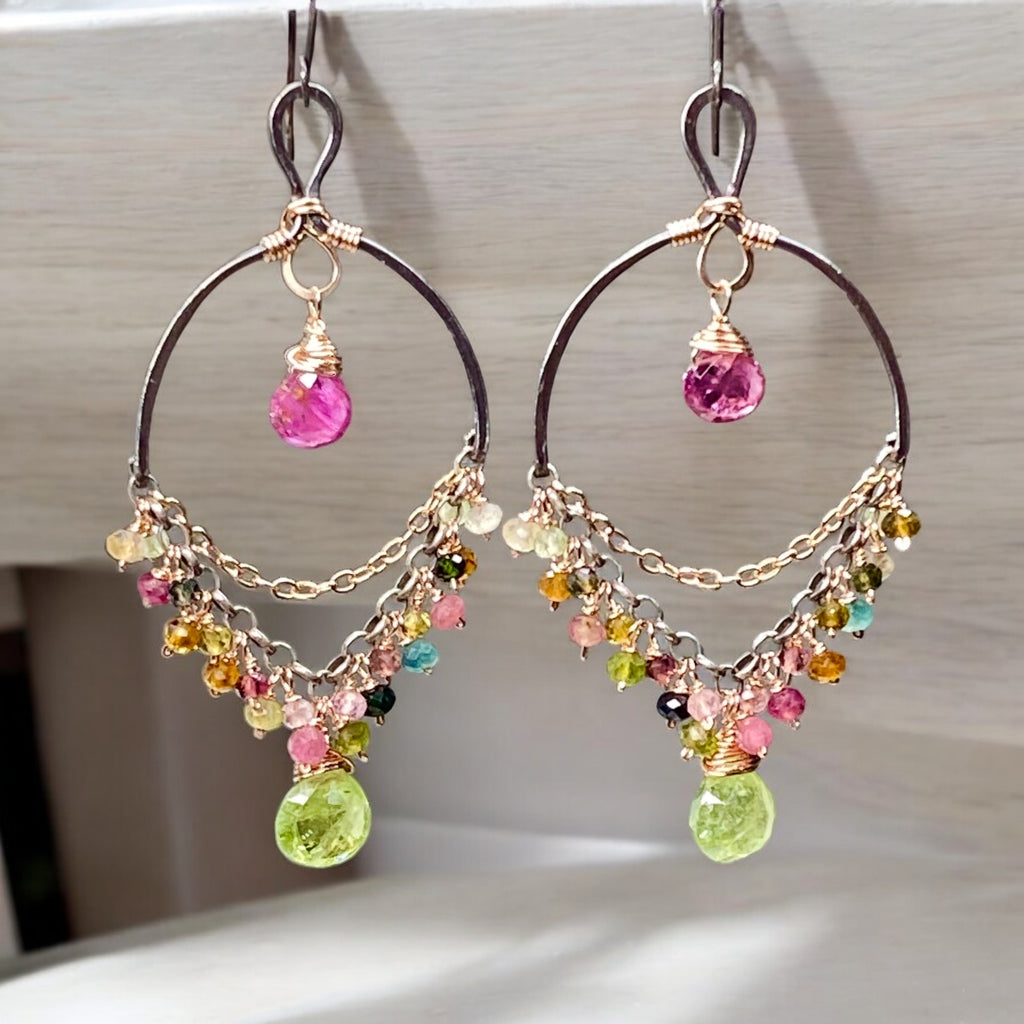 Tourmaline Chandelier Earrings Mixed Metal Boho Style 2