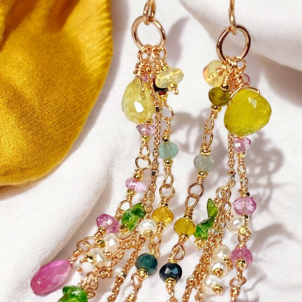 Canary Yellow Tourmaline Long Dangle Earrings Rose Gold Fill