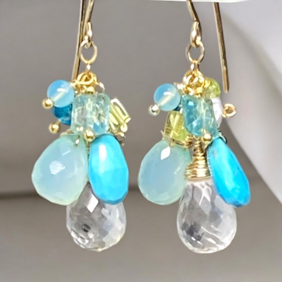 Aqua Gold Filled Dangle Earrings Crystal Quartz & Turquoise