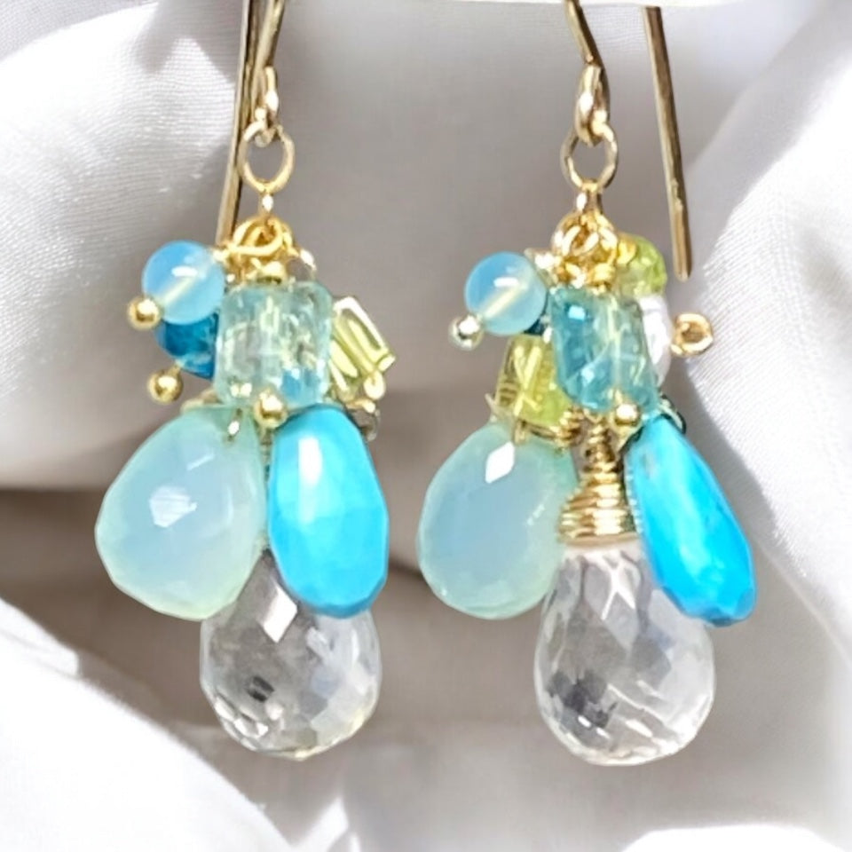 Aqua Gold Filled Dangle Earrings Crystal Quartz & Turquoise