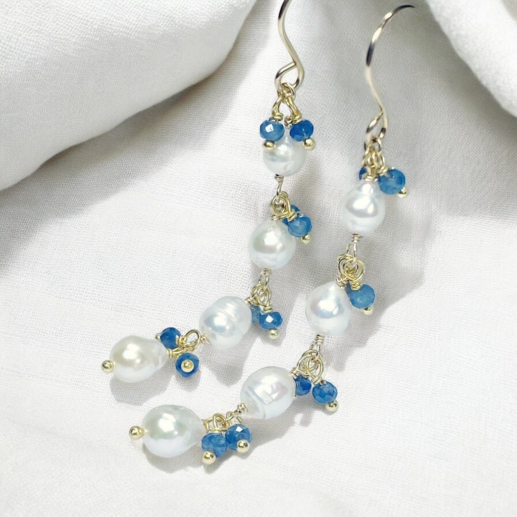 Blue Sapphire and Pearl Long Dainty Earrings Gold Fill