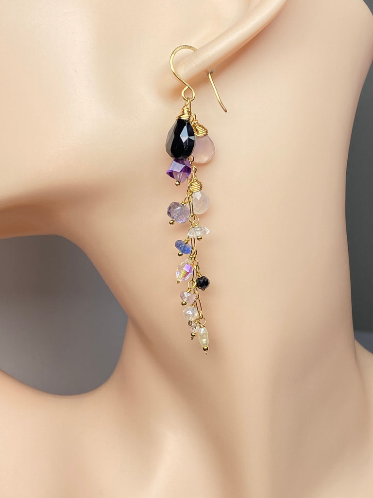 Amethyst, Scorolite, Black Spinel Long Dangle Earrings 3