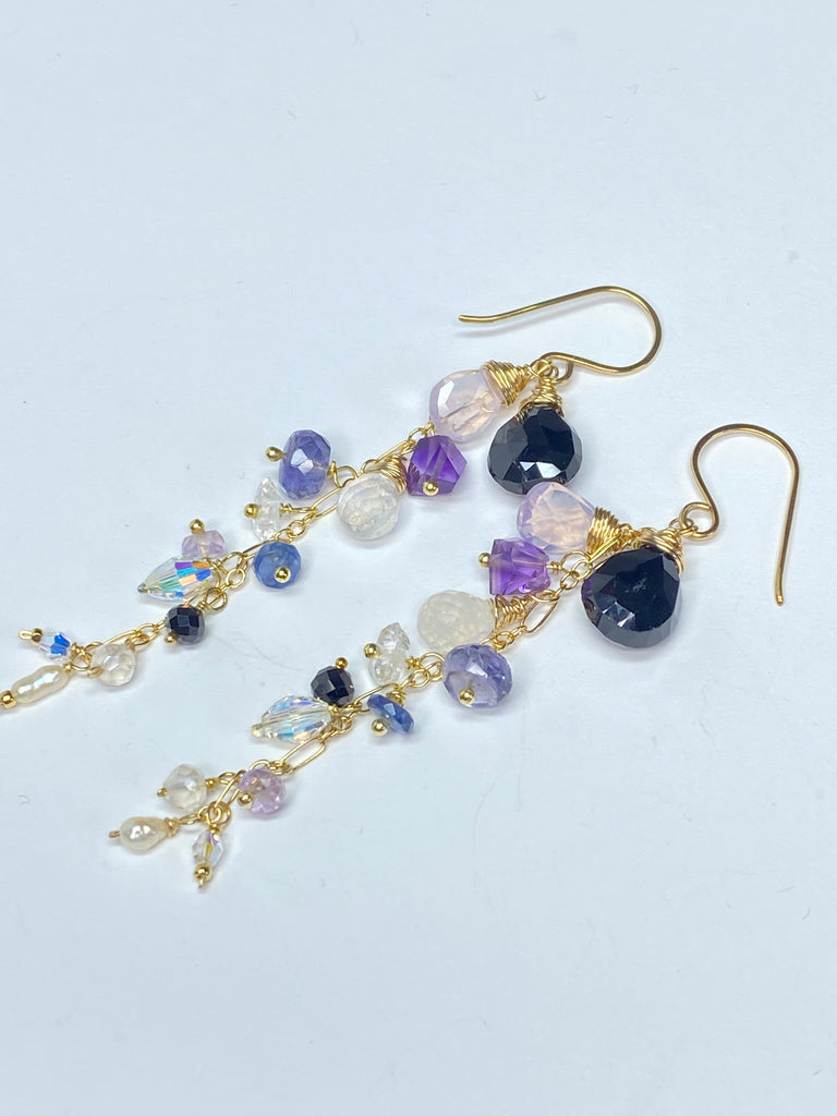 Amethyst, Scorolite, Black Spinel Long Dangle Earrings 3