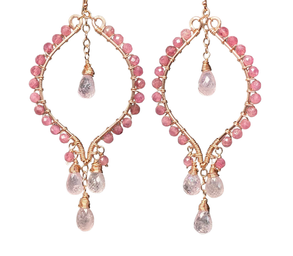 Pink Tourmaline and Morganite Rose Gold Hoop Chandelier Earrings