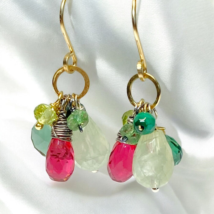 Pink Green Gemstone Dangle Earrings in Gold Fill