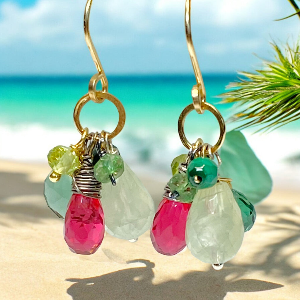 Pink Green Gemstone Dangle Earrings in Gold Fill