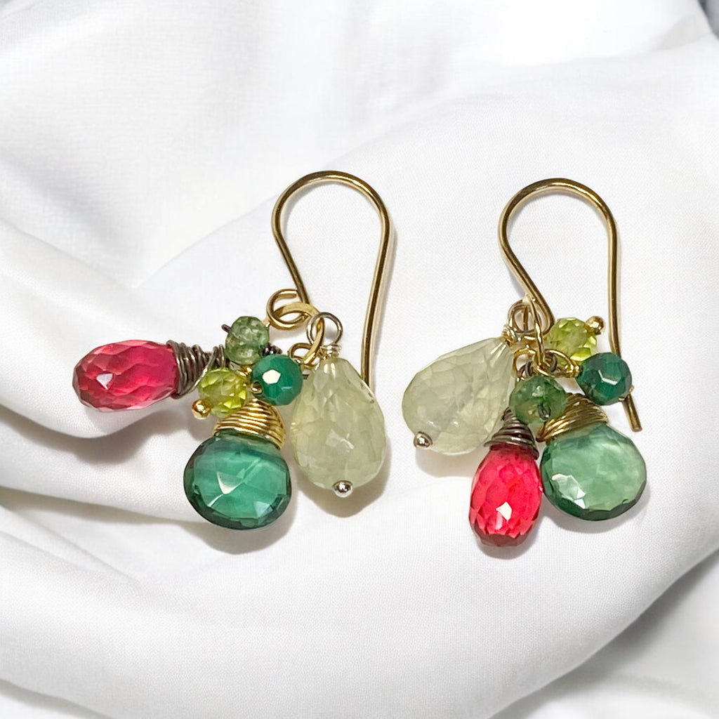 Pink Green Gemstone Dangle Earrings in Gold Fill