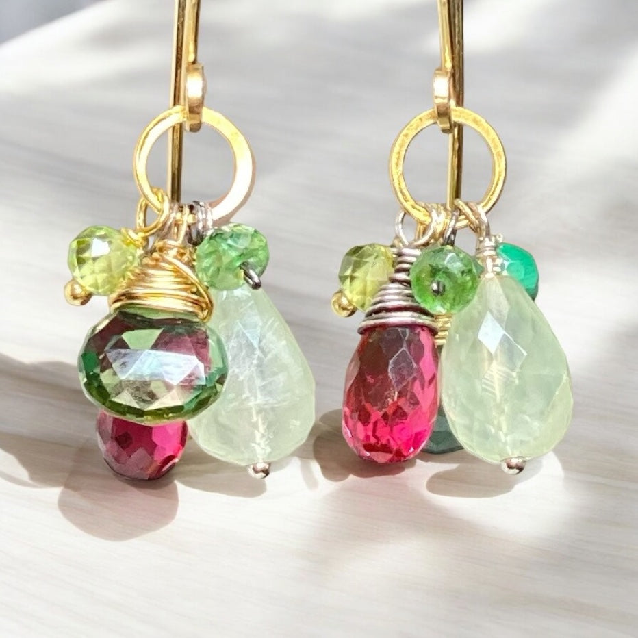 Pink Green Gemstone Dangle Earrings in Gold Fill