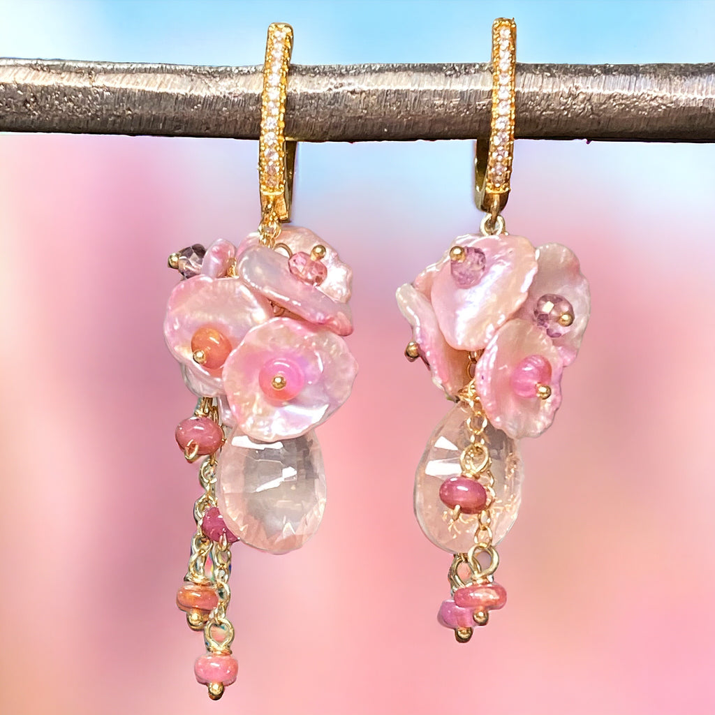 Rose Quartz Pink Keishi Pearl Cluster Wedding Earrings