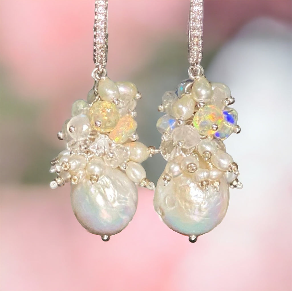 Baroque Edison Pearl and Opal Cluster Earrings Sterling Silver