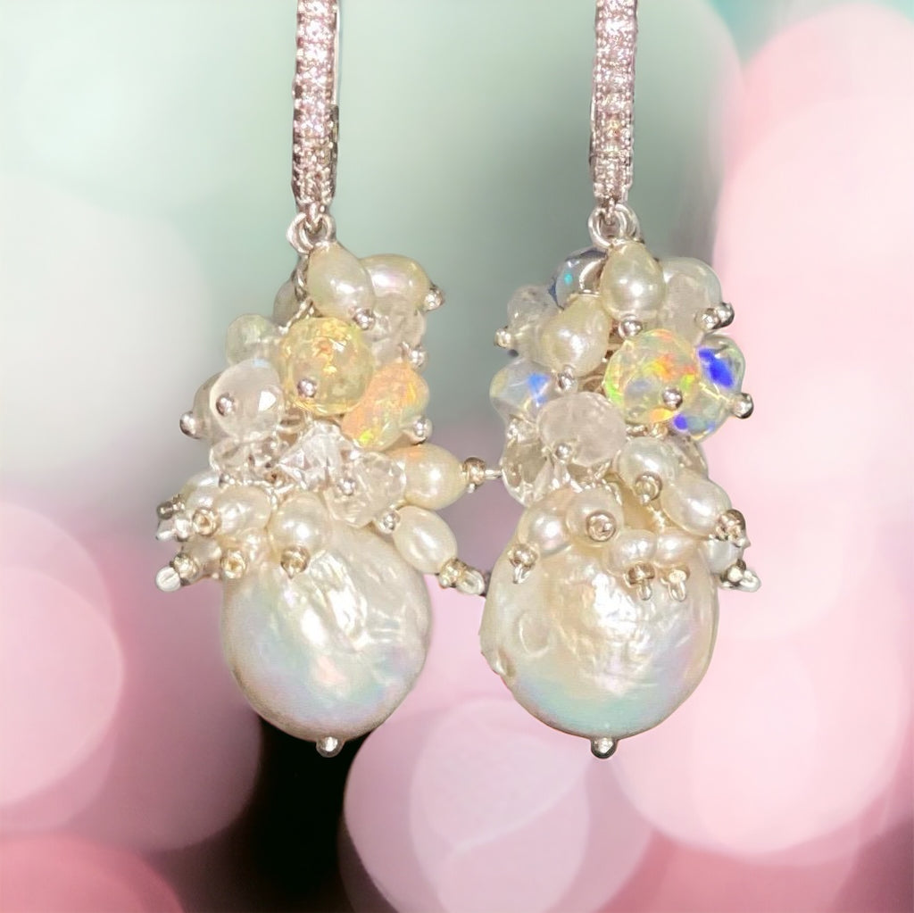 Baroque Edison Pearl and Opal Cluster Earrings Sterling Silver