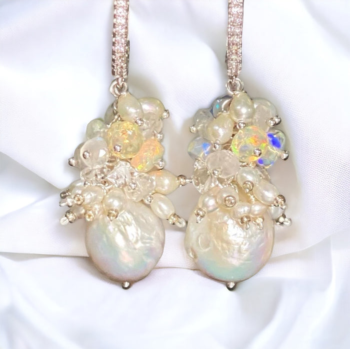 Baroque Edison Pearl and Opal Cluster Earrings Sterling Silver