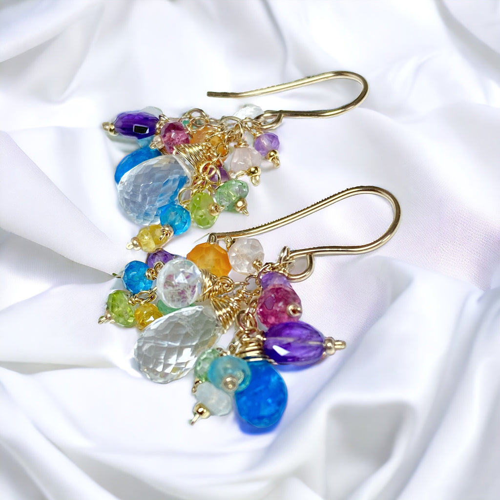 Crystal Quartz Dangle Earrings with Multi Gemstone Cluster Gold Fill 8