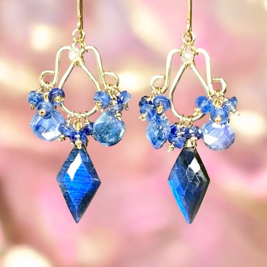 Blue Labradorite, Kyanite Handmade Chandelier Earrings, Gold Fill