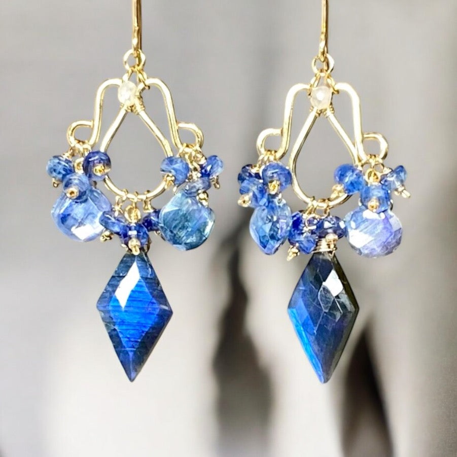 Blue Labradorite, Kyanite Handmade Chandelier Earrings, Gold Fill