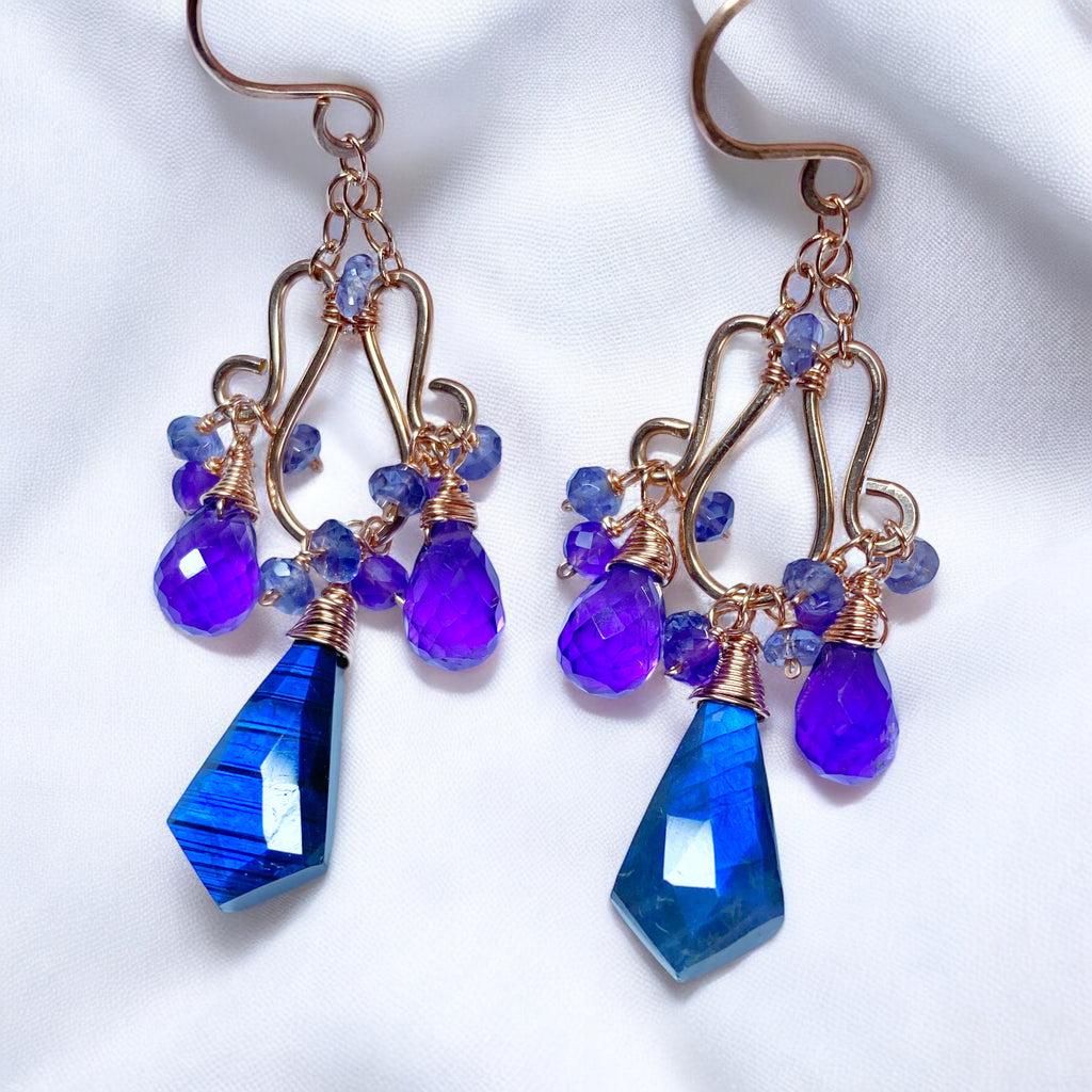 Blue Labradorite and Amethyst Handmade Chandelier Earrings, Rose Gold Fill