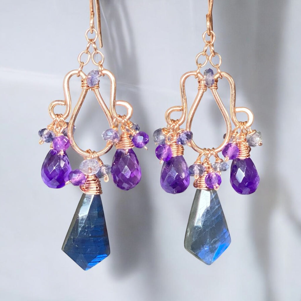 Blue Labradorite and Amethyst Handmade Chandelier Earrings, Rose Gold Fill