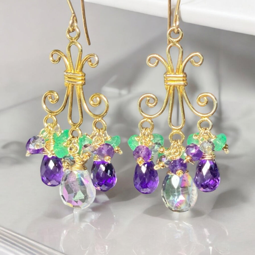 Mystic Topaz Chandelier Earrings in Gold Fill with Amethyst, Green Topaz