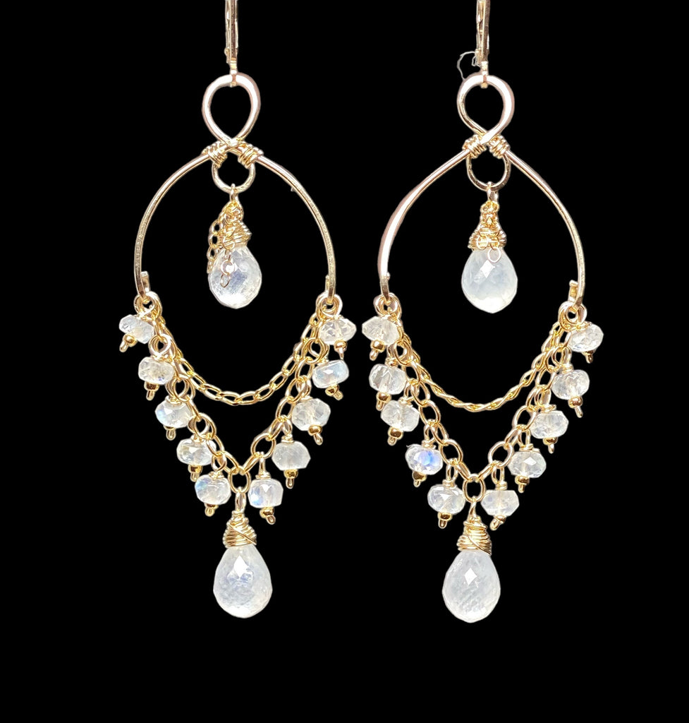Rainbow Moonstone Gemstone Dangle Chandelier Earrings 14 kt Gold Fill