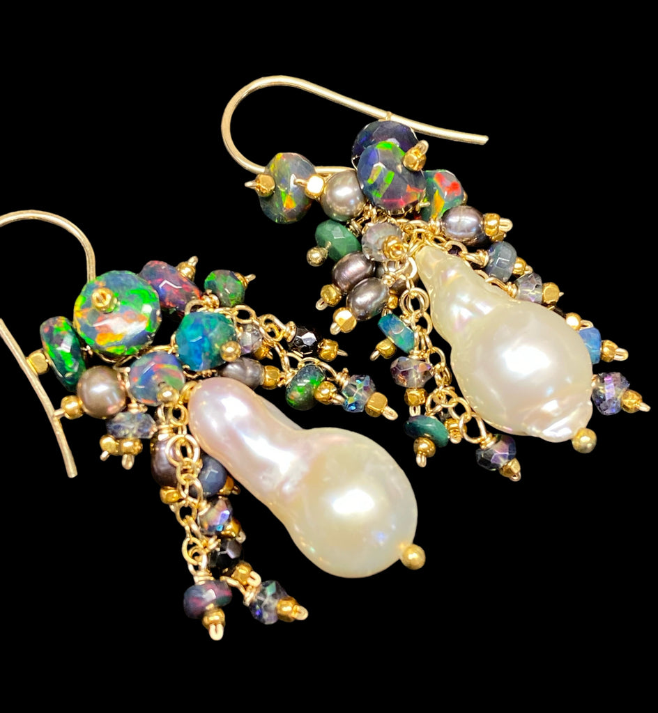 Baroque Pearl Earrings with Fiery Black Ethiopian Opals