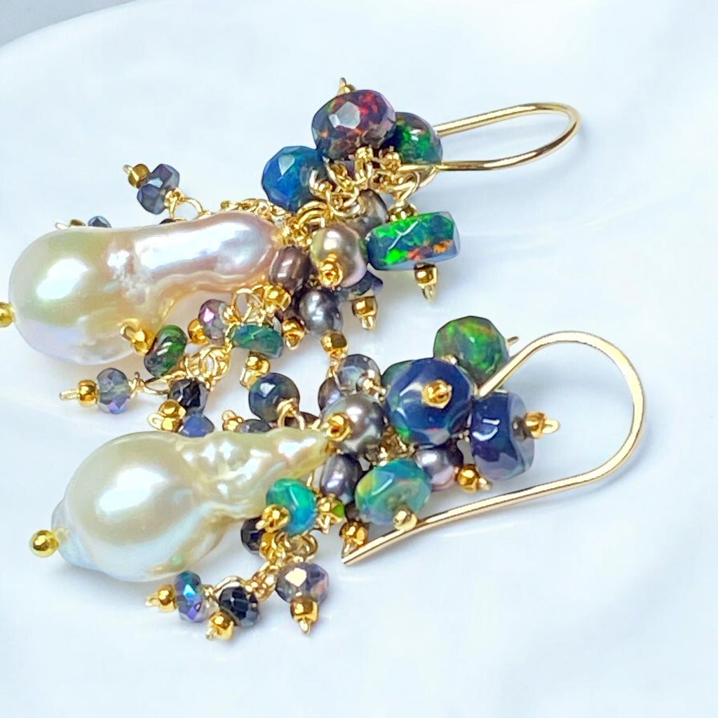 Baroque Pearl Earrings with Fiery Black Ethiopian Opals