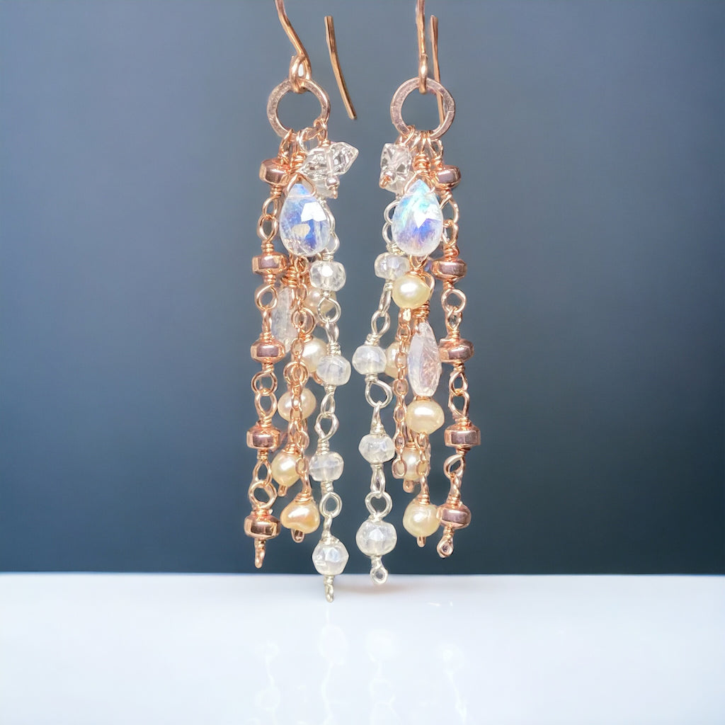 Rose Gold Dainty Moonstone, Pearl Romantic Boho Dangle Earrings