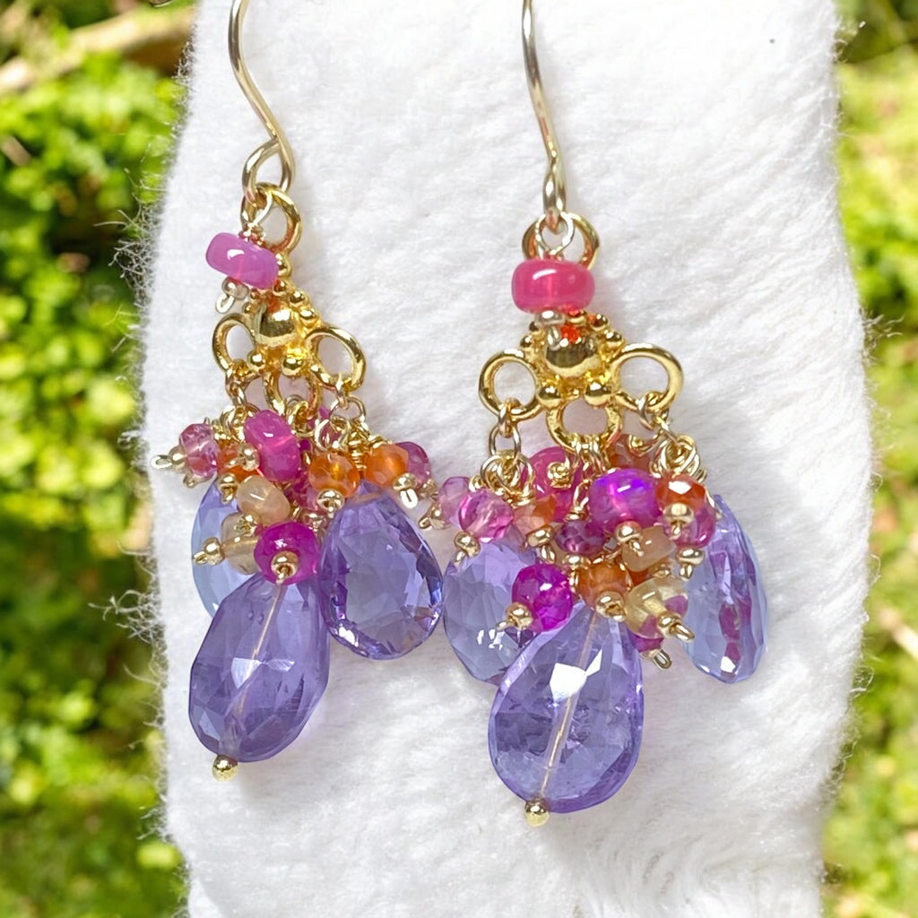 Statement Multi Gemstone Chandelier Earrings, Gold