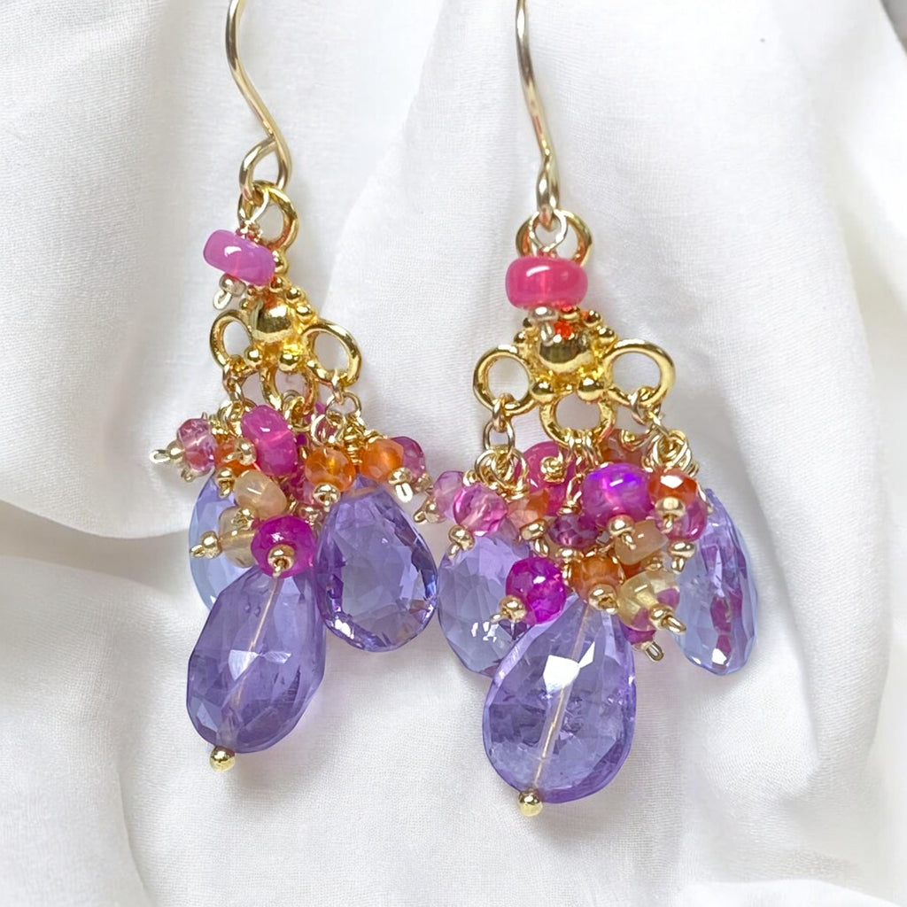 Statement Multi Gemstone Chandelier Earrings, Gold