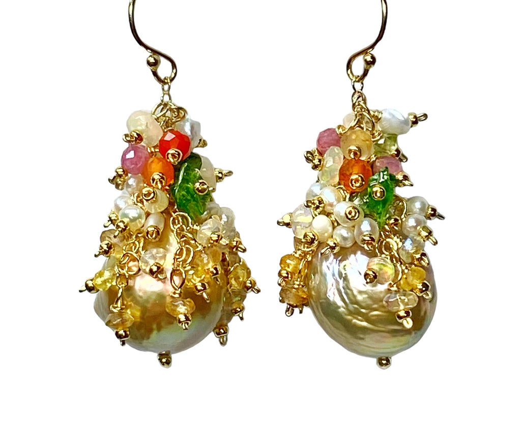 Gold and White Baroque Pearl and Gemstone Cluster Earrings, Pond-slime