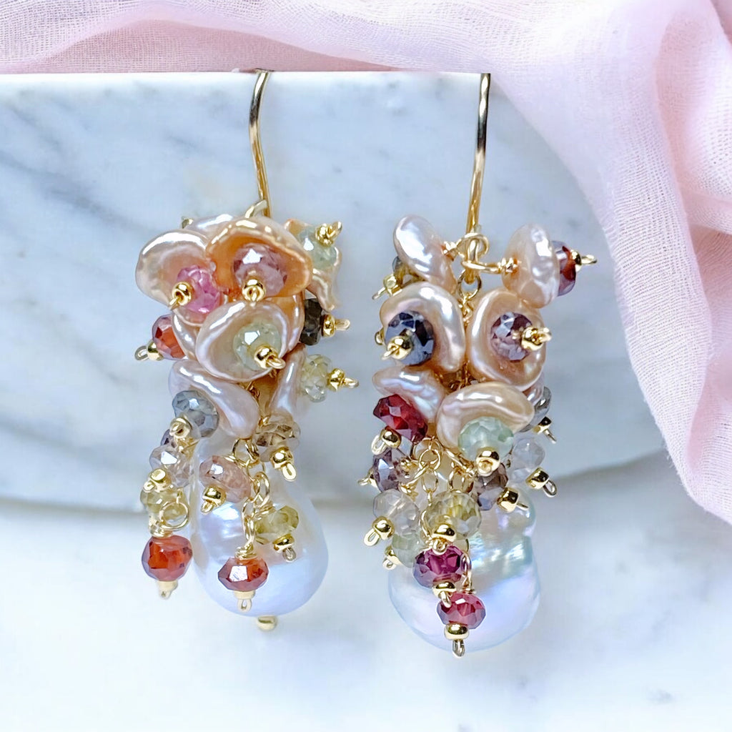 Baroque Flameball Pearl Earrings with Keishi Pearls and Sapphires