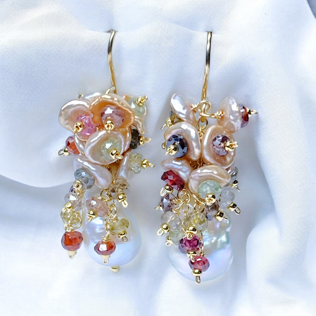 Baroque Flameball Pearl Earrings with Keishi Pearls and Sapphires