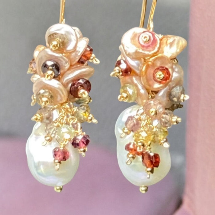 Baroque Flameball Pearl Earrings with Keishi Pearls and Sapphires