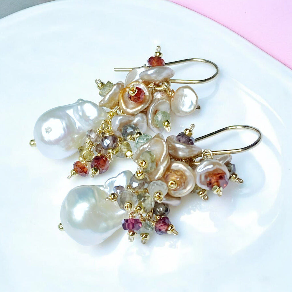 Baroque Flameball Pearl Earrings with Keishi Pearls and Sapphires