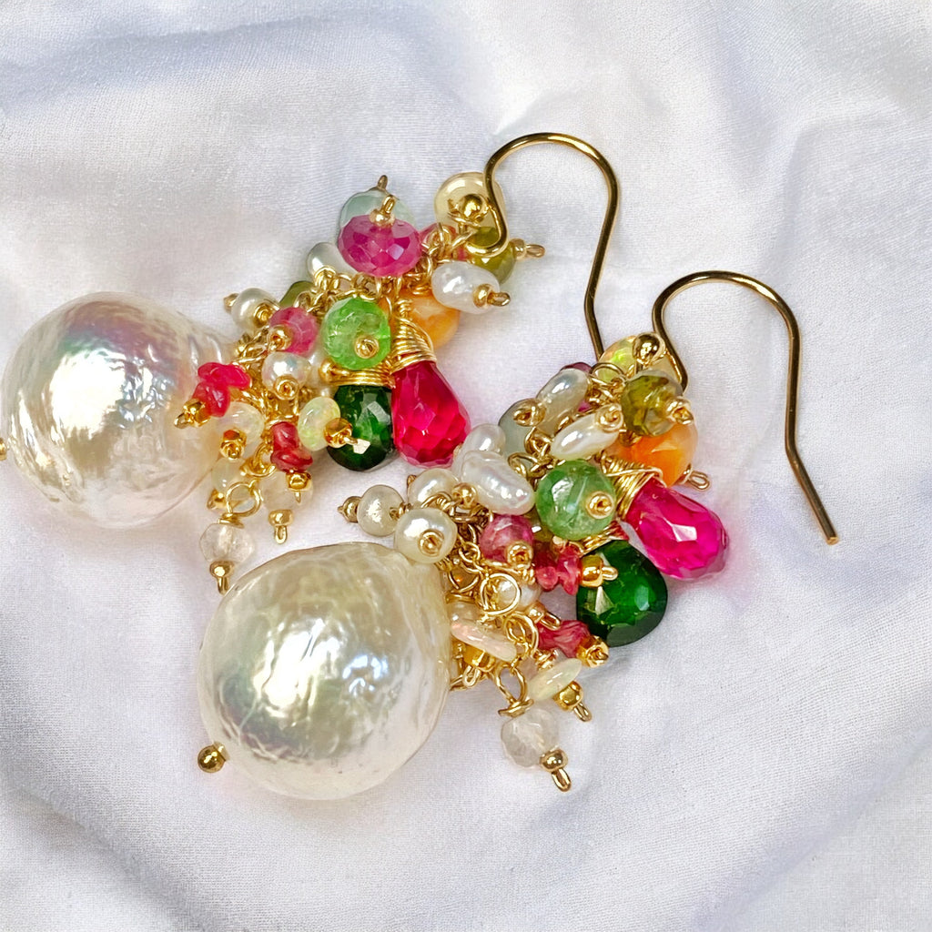 Edison Pearl Colorful Gemstone Cluster Earrings Gold Fill